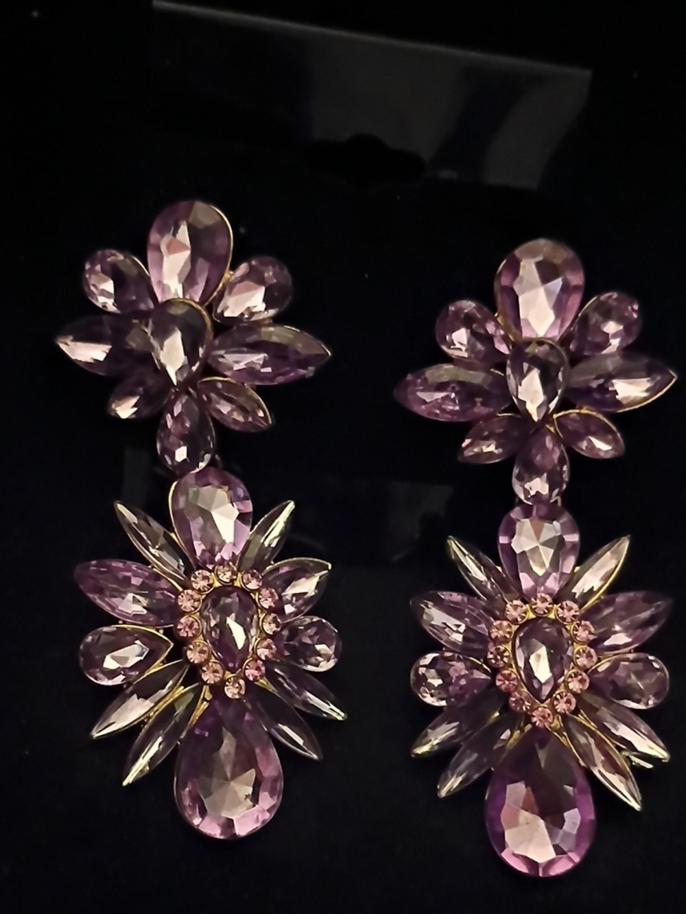 Crystal Floral Drop Earrings - Purple